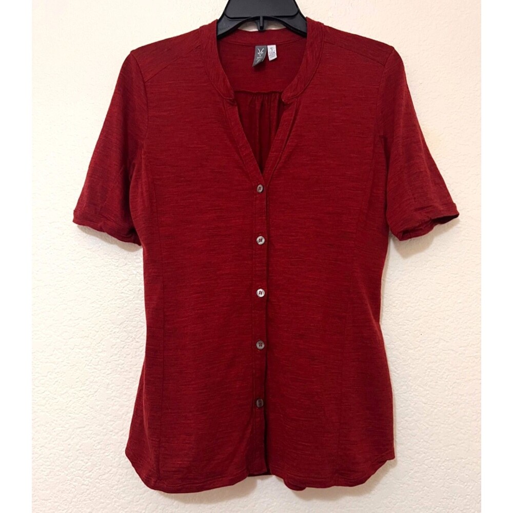 IBEX Goat Burnt Red V-Neck 1/4 Sleeve Button Up Top Merino Wool Women's Small